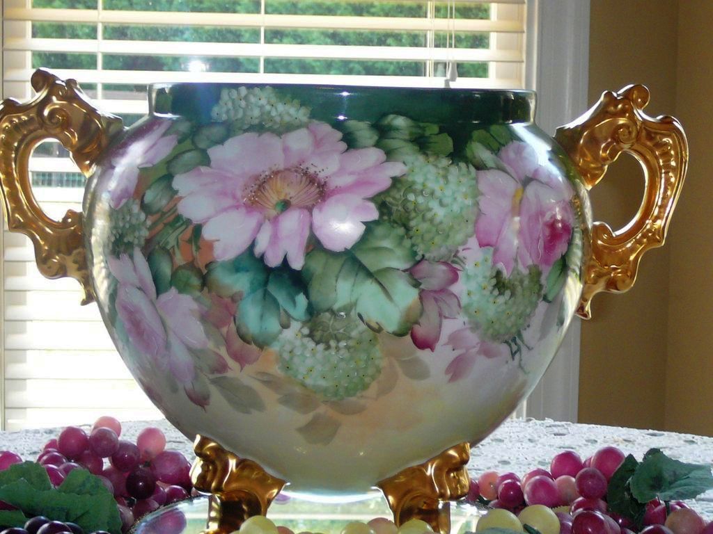 Amazing Footed Limoges Jardiniere Vase with Lg Gold Loop Handles and Roses Amazing Footed Limoges Jardiniere Vase with Lg Gold Loop Handles and Roses