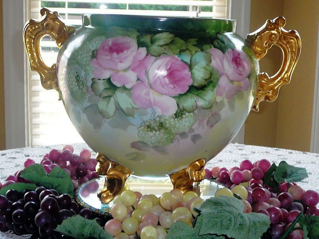 Amazing Footed Limoges Jardiniere Vase with Lg Gold Loop Handles and Roses Amazing Footed Limoges Jardiniere Vase with Lg Gold Loop Handles and Roses