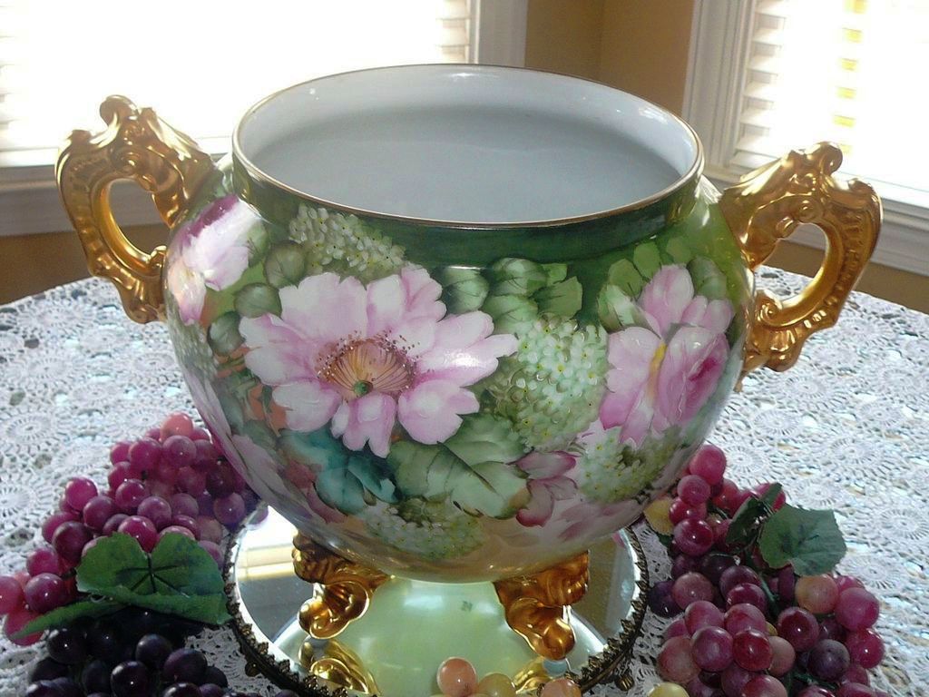 Amazing Footed Limoges Jardiniere Vase with Lg Gold Loop Handles and Roses Amazing Footed Limoges Jardiniere Vase with Lg Gold Loop Handles and Roses