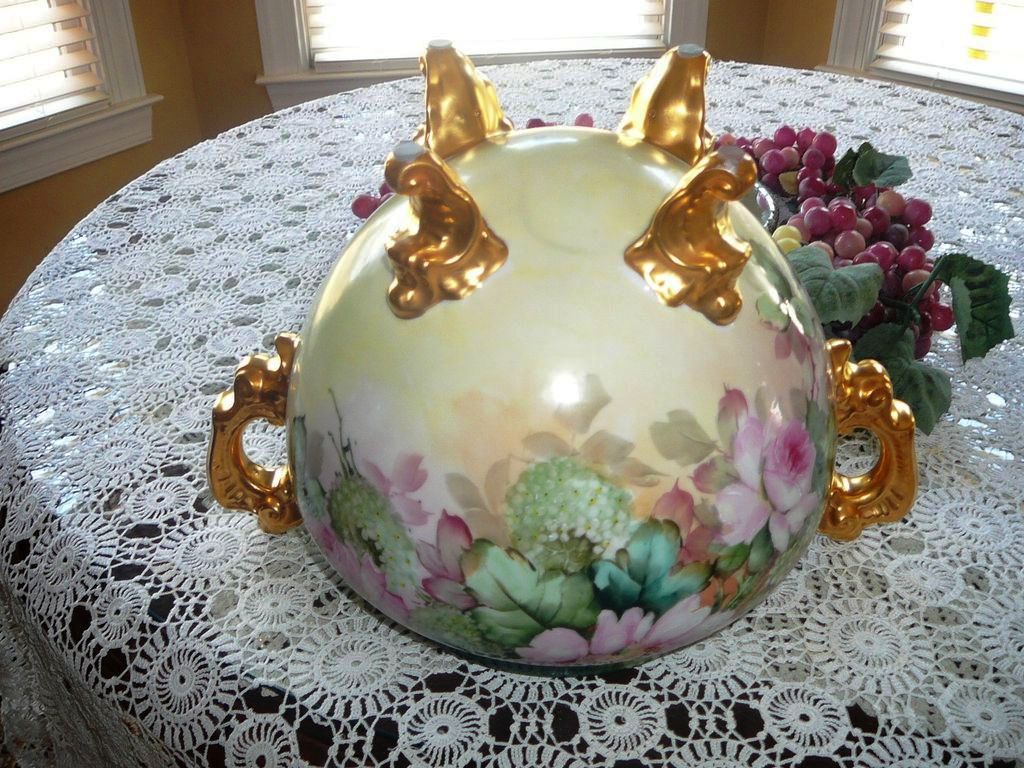 Amazing Footed Limoges Jardiniere Vase with Lg Gold Loop Handles and Roses Amazing Footed Limoges Jardiniere Vase with Lg Gold Loop Handles and Roses