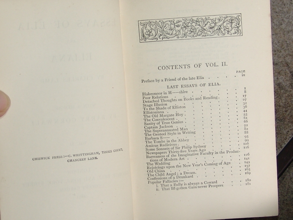 Antique Essays Of Elia & Eliana Volume 2 1891 by Charles Lamb 1775-1834 Chiswick Press Chancery Lane Antique Essays Of Elia & Eliana Volume 2 1891 by Charles Lamb 1775-1834 Chiswick Press Chancery Lane