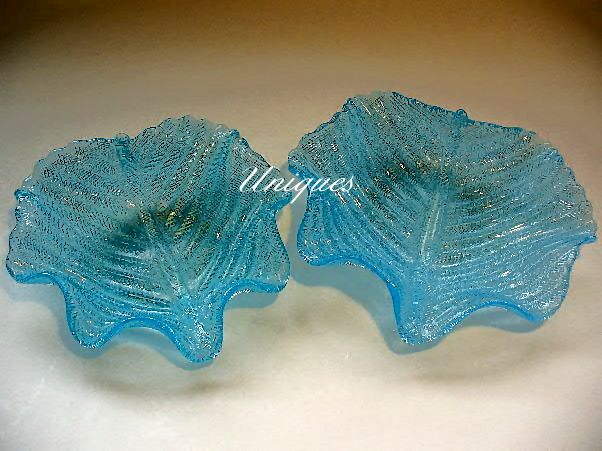 2 Ice Blue Italian Art Glass Leaf Nesting Nut Dishes 1960's 2 Ice Blue Italian Art Glass Leaf Nesting Nut Dishes 1960's
