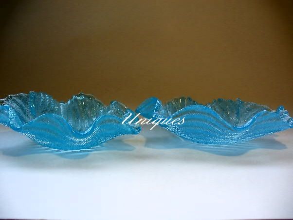 2 Ice Blue Italian Art Glass Leaf Nesting Nut Dishes 1960's 2 Ice Blue Italian Art Glass Leaf Nesting Nut Dishes 1960's