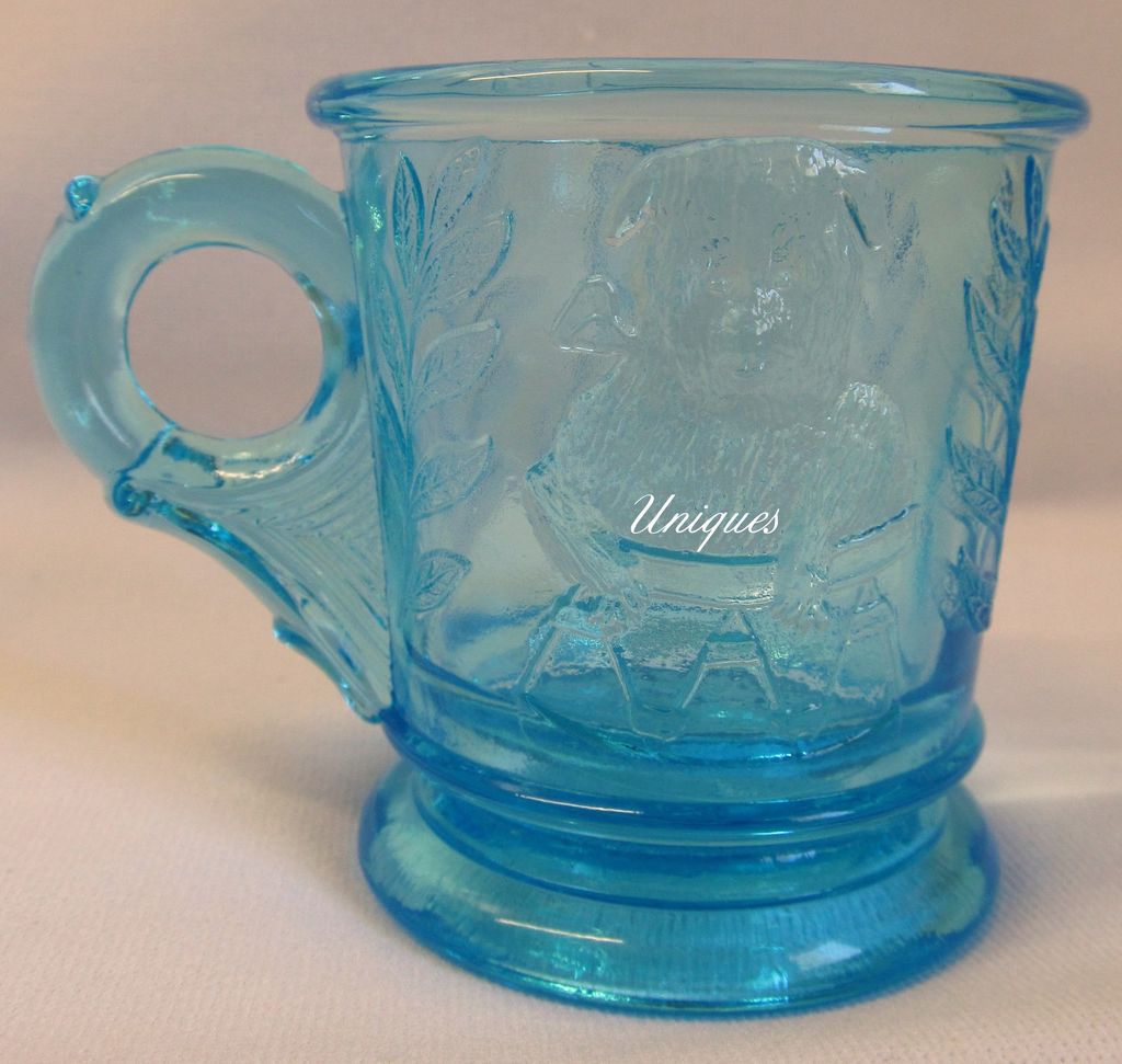 Adorable Mosser Glass Baby Animals Blue Glass Childs Mug Kitten & Puppy Adorable Mosser Glass Baby Animals Blue Glass Childs Mug Kitten & Puppy