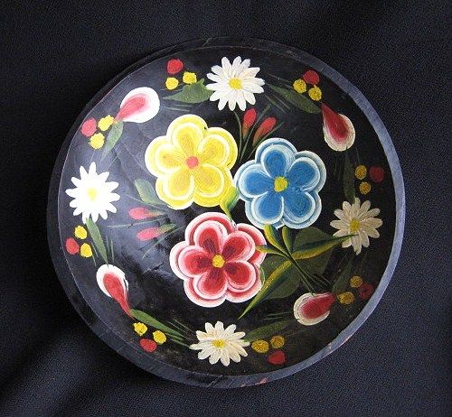 Vintage Mexican Folk Art Batea Floral Tole Wood Bowl 9.5" Vintage Mexican Folk Art Batea Floral Tole Wood Bowl 9.5"