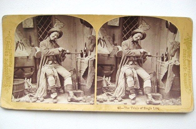 1876 "Trials of Single Life" Humorous Stereoscopic Card by Melander 1876 "Trials of Single Life" Humorous Stereoscopic Card by Melander