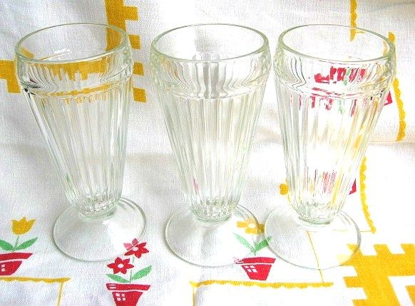 Three Vintage Ribbed Soda Fountain Malt Glasses Three Vintage Ribbed Soda Fountain Malt Glasses