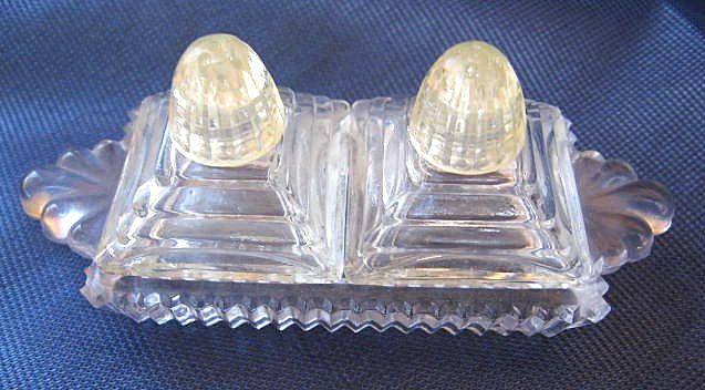 Vintage Czech Irice Glass Salt & Pepper Shakers on Glass Tray S&P Set Vintage Czech Irice Glass Salt & Pepper Shakers on Glass Tray S&P Set