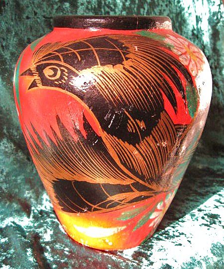 Tonala Mexico Burnished Fantasia Vase Feathered Bird Design circa 1940 Tonala Mexico Burnished Fantasia Vase Feathered Bird Design circa 1940