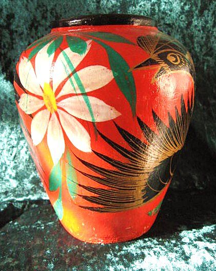Tonala Mexico Burnished Fantasia Vase Feathered Bird Design circa 1940 Tonala Mexico Burnished Fantasia Vase Feathered Bird Design circa 1940