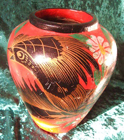 Tonala Mexico Burnished Fantasia Vase Feathered Bird Design circa 1940 Tonala Mexico Burnished Fantasia Vase Feathered Bird Design circa 1940