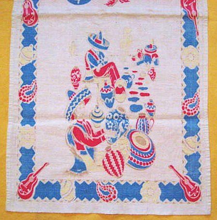 Vintage Mexican Theme Tea Towel -- Senoritas, Pottery, Guitars Vintage Mexican Theme Tea Towel -- Senoritas, Pottery, Guitars
