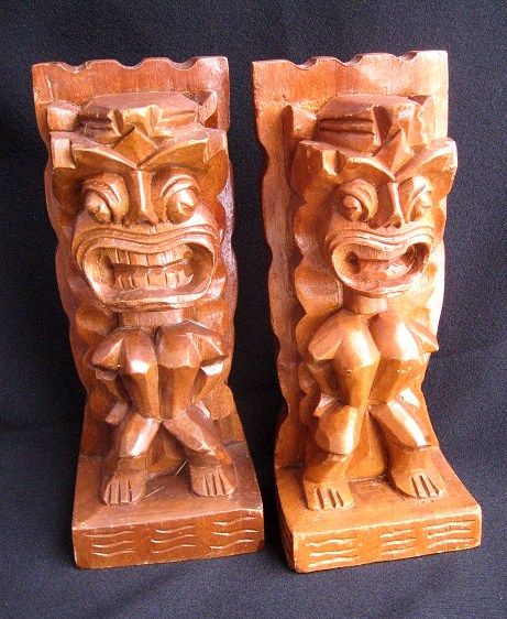 Vintage Tiki Carved Monkey Pod Wooden Bookends from Hawaii Vintage Tiki Carved Monkey Pod Wooden Bookends from Hawaii