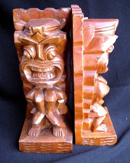 Vintage Tiki Carved Monkey Pod Wooden Bookends from Hawaii Vintage Tiki Carved Monkey Pod Wooden Bookends from Hawaii