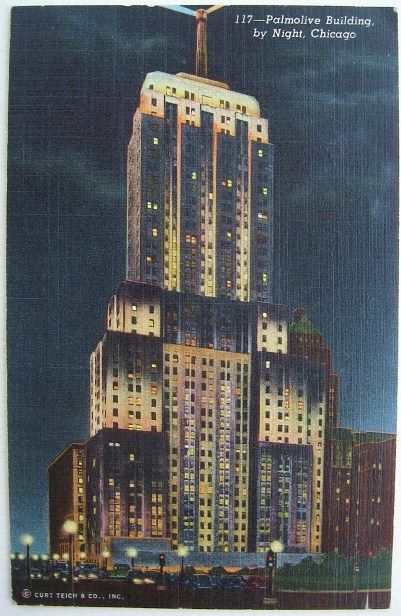 1940 Linen Postcard Chicago Palmolive Building by Night 1940 Linen Postcard Chicago Palmolive Building by Night