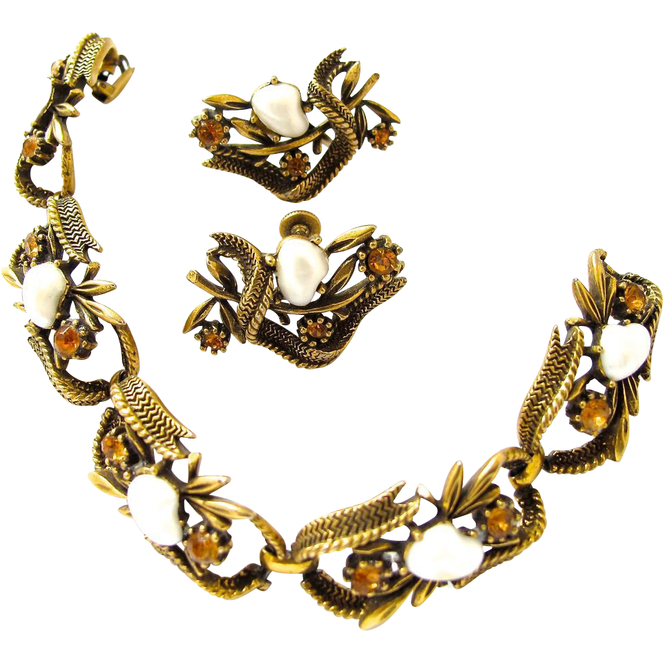 Coro Faux Pearl Antiqued Gold Tone Bracelet and Earring Set from