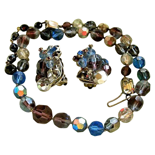 Vintage EUGENE Single Strand Crystal Bead Necklace & Signed Earring Set Vintage EUGENE Single Strand Crystal Bead Necklace & Signed Earring Set