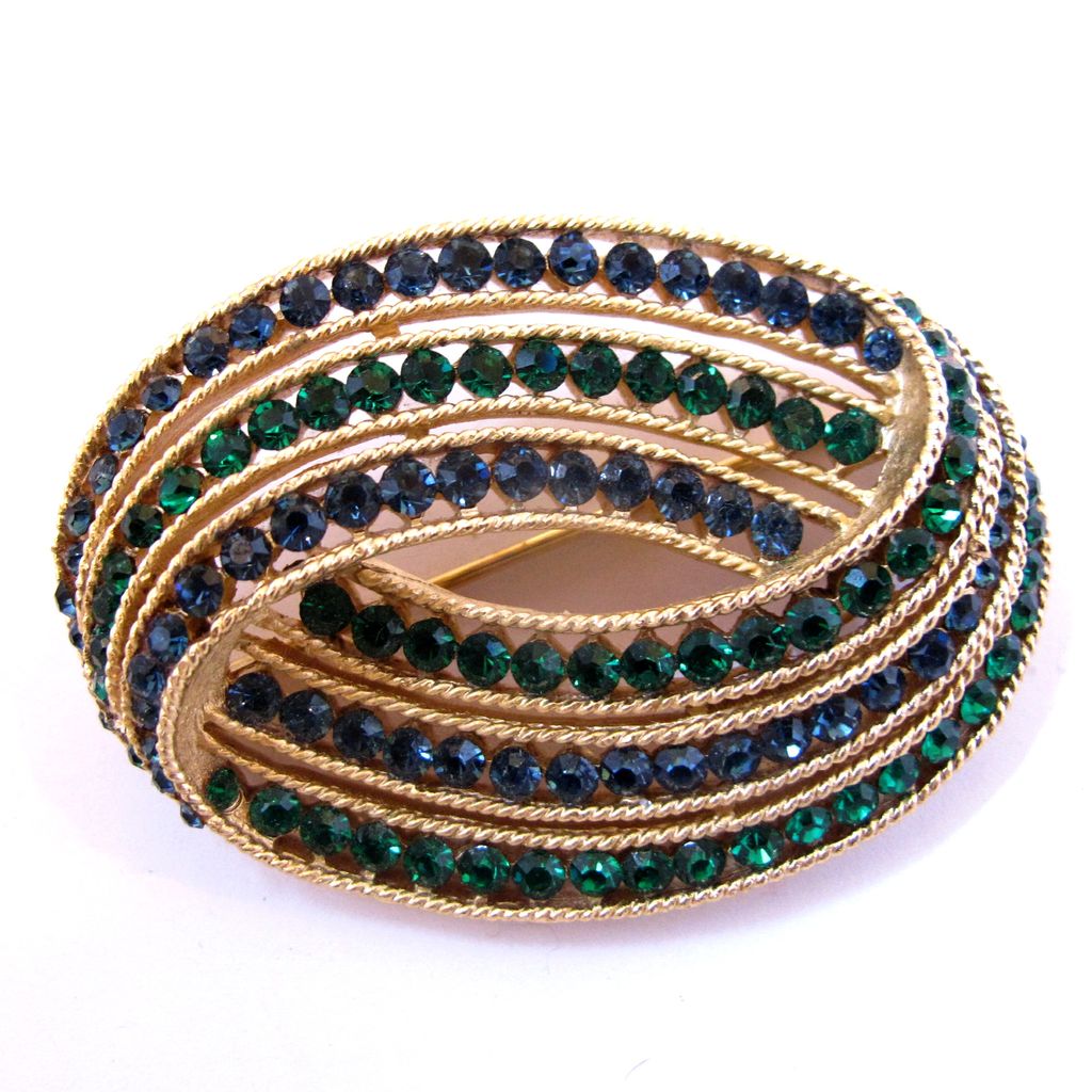 Trifari Cavalcade Blue and Green Rhinestone Brooch - Ad and Book Piece Trifari Cavalcade Blue and Green Rhinestone Brooch - Ad and Book Piece