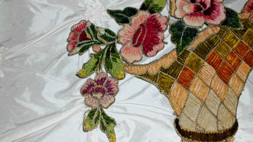 Large Antique French Chenille Embroidered Basket & Roses Large Antique French Chenille Embroidered Basket & Roses