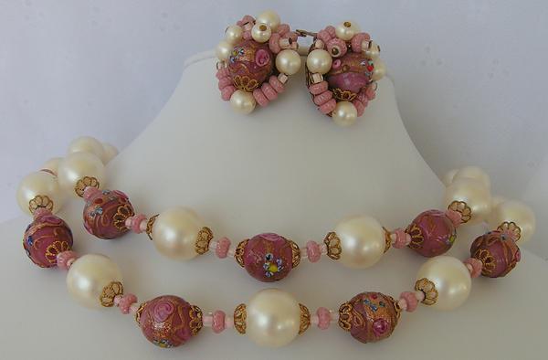 4050 39s Venetian Pink Wedding Cake Glass Bead SET 2Strand Necklace Earrings