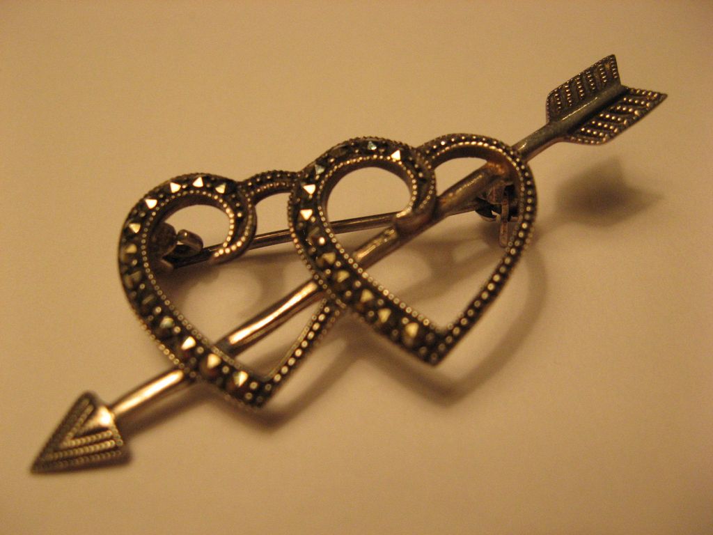 Silver Marcasite Valentine Hearts on Cupid's Arrow Silver Marcasite Valentine Hearts on Cupid's Arrow