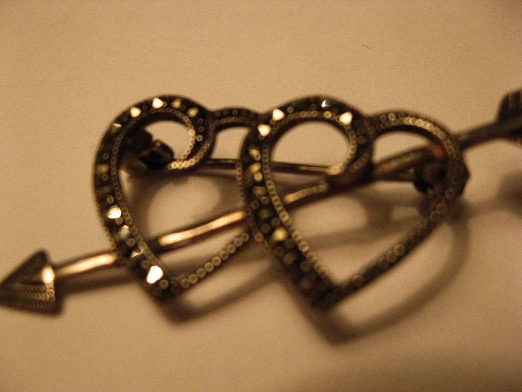 Silver Marcasite Valentine Hearts on Cupid's Arrow Silver Marcasite Valentine Hearts on Cupid's Arrow