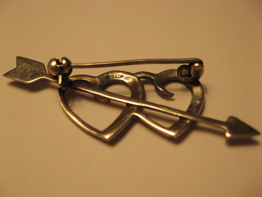 Silver Marcasite Valentine Hearts on Cupid's Arrow Silver Marcasite Valentine Hearts on Cupid's Arrow