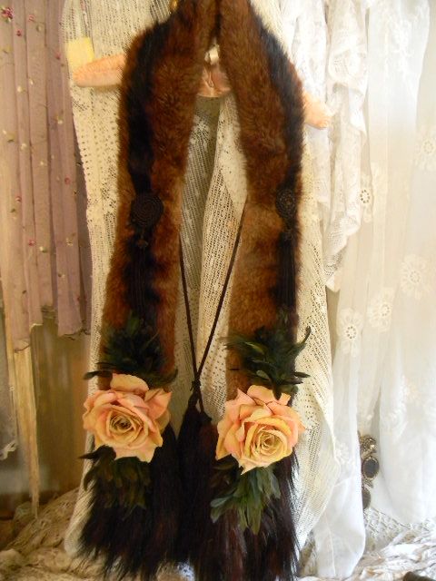 Reserved for Caroline..Heirloom Worthy Vintage Real Fur Wrap with Tails, Feathers and Roses Reserved for Caroline..Heirloom Worthy Vintage Real Fur Wrap with Tails, Feathers and Roses