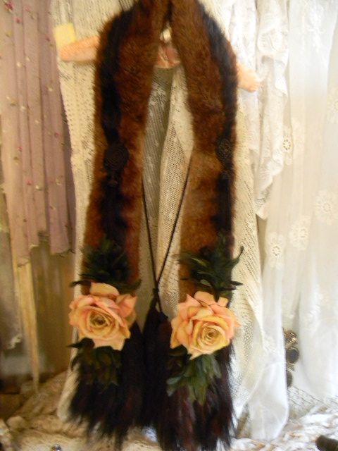 Reserved for Caroline..Heirloom Worthy Vintage Real Fur Wrap with Tails, Feathers and Roses Reserved for Caroline..Heirloom Worthy Vintage Real Fur Wrap with Tails, Feathers and Roses