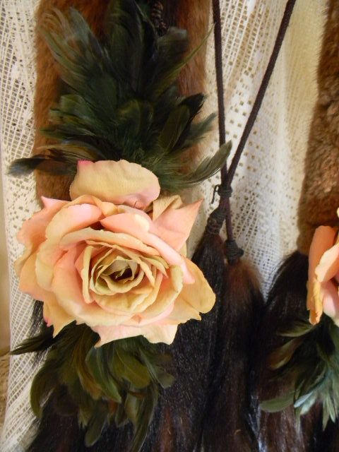 Reserved for Caroline..Heirloom Worthy Vintage Real Fur Wrap with Tails, Feathers and Roses Reserved for Caroline..Heirloom Worthy Vintage Real Fur Wrap with Tails, Feathers and Roses