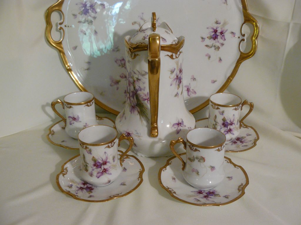 Chocolate pot set with tray in violets Limoges porcelain Chocolate pot set with tray in violets Limoges porcelain