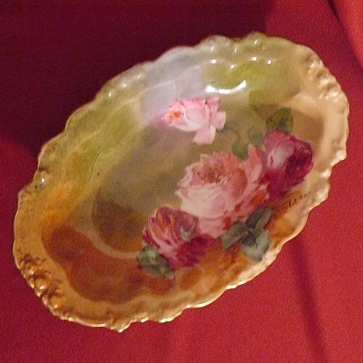 JPL Limoges "Leona" listed artist roses bowl dish JPL Limoges "Leona" listed artist roses bowl dish