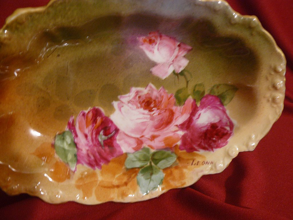 JPL Limoges "Leona" listed artist roses bowl dish JPL Limoges "Leona" listed artist roses bowl dish