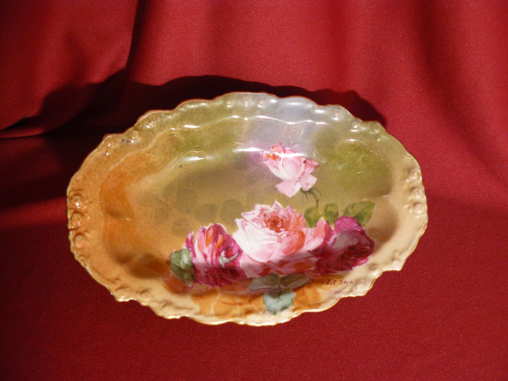 JPL Limoges "Leona" listed artist roses bowl dish JPL Limoges "Leona" listed artist roses bowl dish