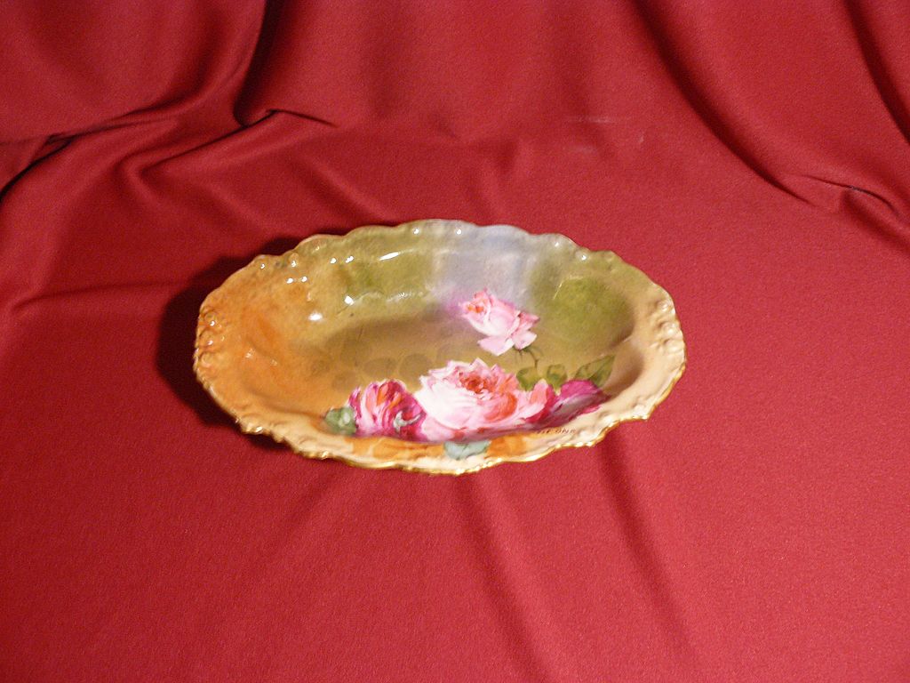 JPL Limoges "Leona" listed artist roses bowl dish JPL Limoges "Leona" listed artist roses bowl dish