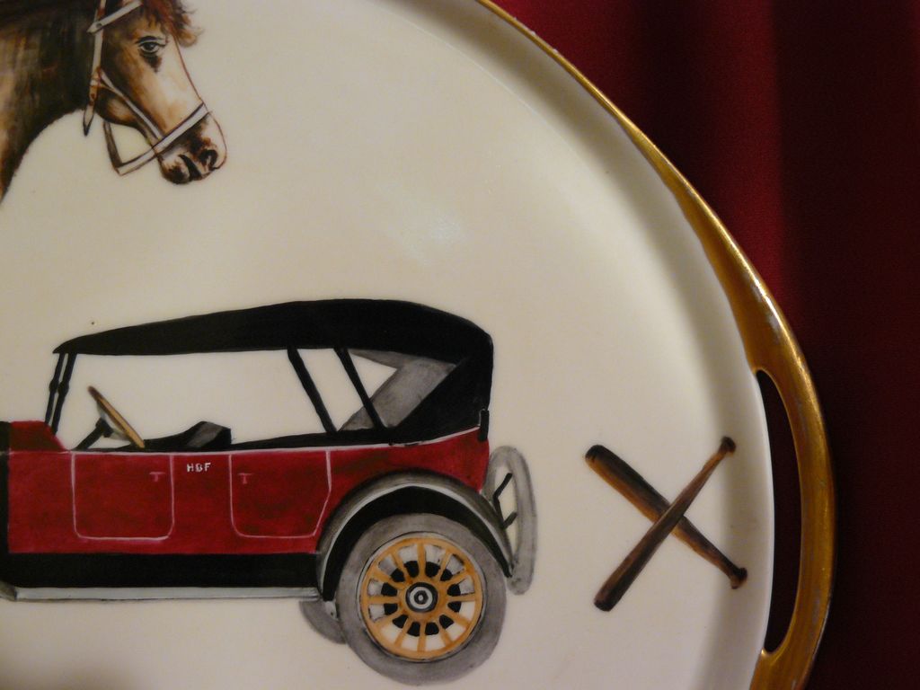 Vintage car, equestrian, and outdoorsman hand painted gentleman's Limoges tray of a by-gone era Vintage car, equestrian, and outdoorsman hand painted gentleman's Limoges tray of a by-gone era