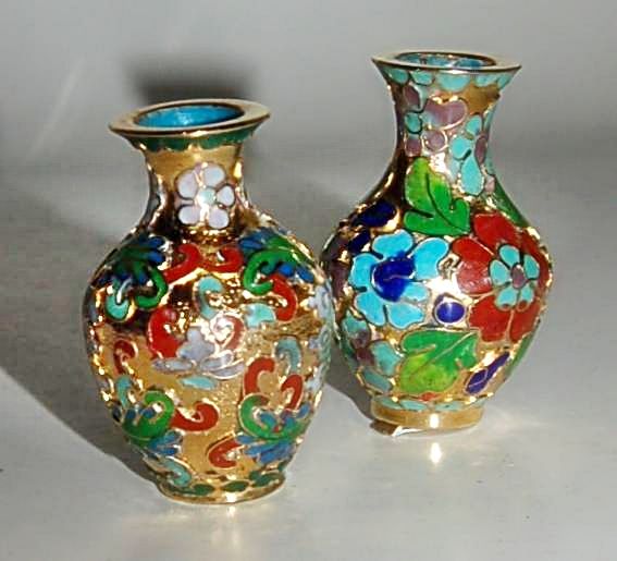 Vintage CHINESE Champleve ENAMEL Miniature "Dollhouse" Small Gilded Vase Pair Vintage CHINESE Champleve ENAMEL Miniature "Dollhouse" Small Gilded Vase Pair