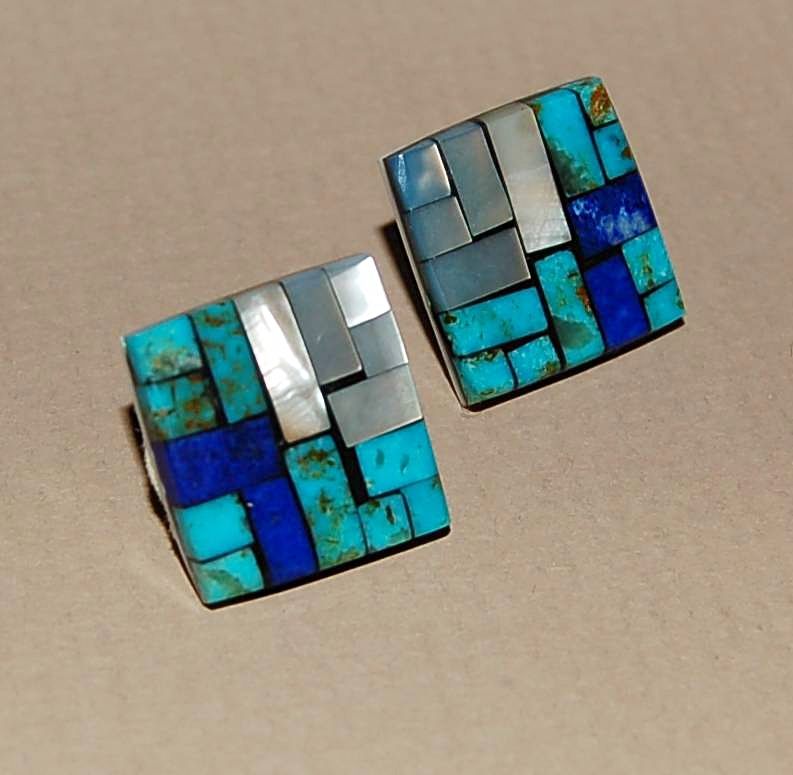 Vintage Charlene Reano Mosaic Earrings, Turquoise, Mother of Pearl, Lapis Lazuli Vintage Charlene Reano Mosaic Earrings, Turquoise, Mother of Pearl, Lapis Lazuli