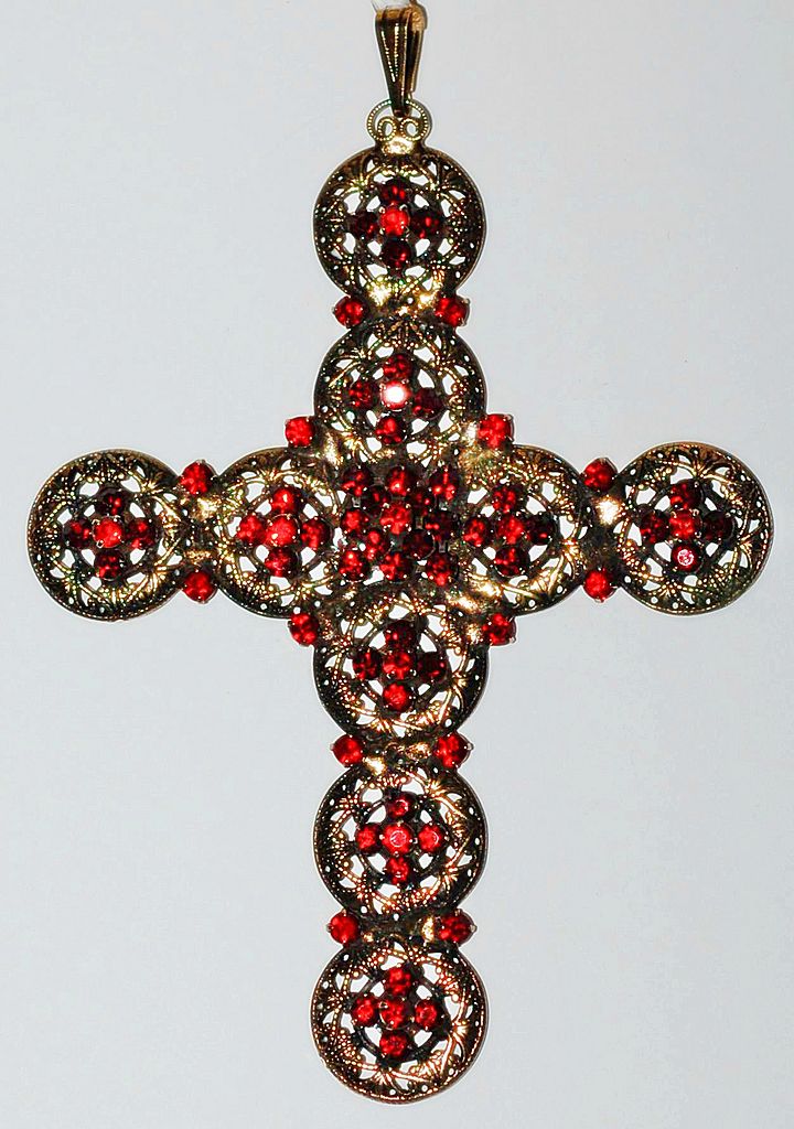Vintage Large 4" Cross Czech Filigree with Garnet Red Stones by Hobe' Vintage Large 4" Cross Czech Filigree with Garnet Red Stones by Hobe'