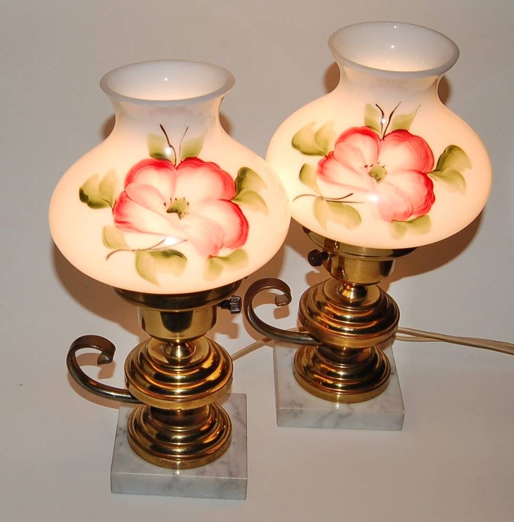 Vintage Tole Painted Glass Victorian Styled Brass Boudoir Lamps Vintage Tole Painted Glass Victorian Styled Brass Boudoir Lamps