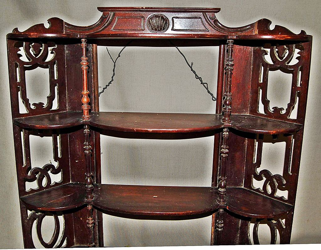 Victorian Revival Wood Hanging Wall Curio Shelf Display Unit - For Corner or Wall Victorian Revival Wood Hanging Wall Curio Shelf Display Unit - For Corner or Wall