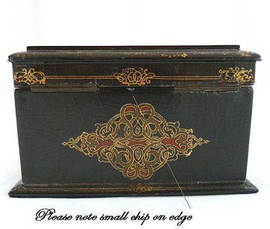Papier Mache Tea Caddy Mother of Pearl Abalone Inlay~Bird & Floral C. 1850 Papier Mache Tea Caddy Mother of Pearl Abalone Inlay~Bird & Floral C. 1850