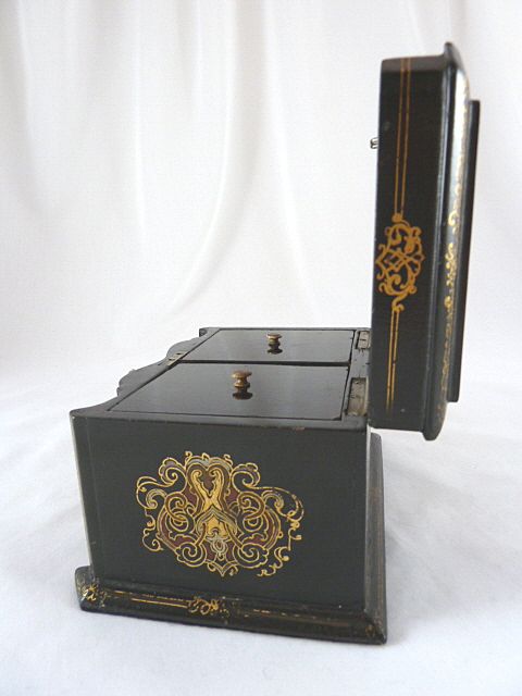 Papier Mache Tea Caddy Mother of Pearl Abalone Inlay~Bird & Floral C. 1850 Papier Mache Tea Caddy Mother of Pearl Abalone Inlay~Bird & Floral C. 1850
