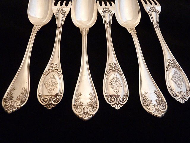 Antique French Sterling Silver Flatware Service for 12, 24 Pieces Circa 1850 Antique French Sterling Silver Flatware Service for 12, 24 Pieces Circa 1850