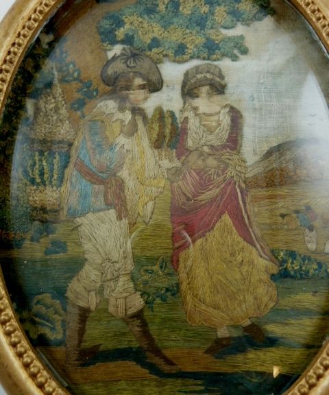 Antique Silk Embroidery Georgian Era Romantic Scene in Garden Antique Silk Embroidery Georgian Era Romantic Scene in Garden