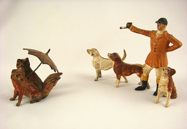 Antique German Metal Figures~Master of the Fox Hunt & Dogs Antique German Metal Figures~Master of the Fox Hunt & Dogs