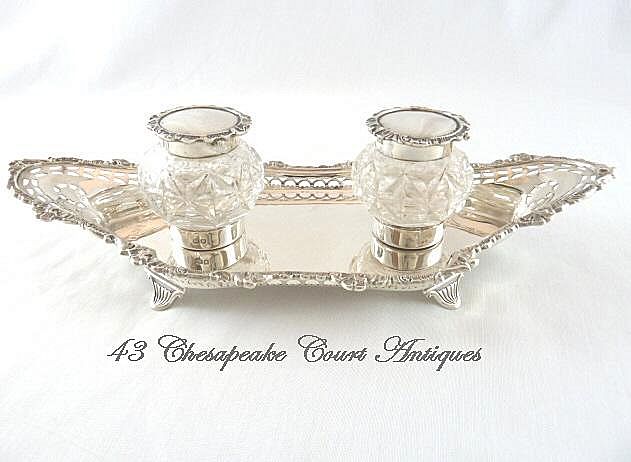 Antique English Sterling Silver Double Inkwell Edwardian 1902 Antique English Sterling Silver Double Inkwell Edwardian 1902