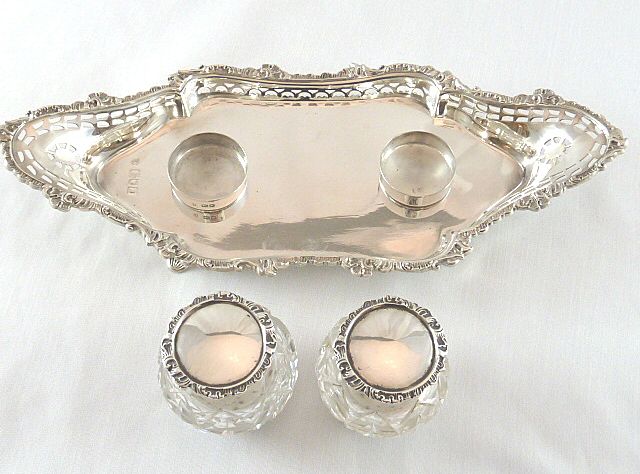 Antique English Sterling Silver Double Inkwell Edwardian 1902 Antique English Sterling Silver Double Inkwell Edwardian 1902
