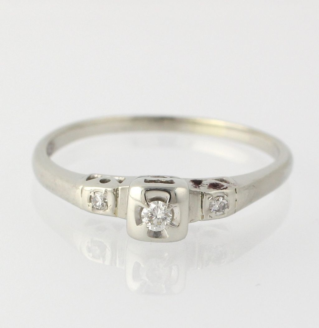 Vintage Diamond Engagement or Promise Ring - 14k White Gold Genuine ...