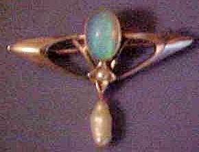 Murrle Bennett Style 9K White Gold Art Nouveau Opal and Seed & River Pearl Brooch Murrle Bennett Style 9K White Gold Art Nouveau Opal and Seed & River Pearl Brooch